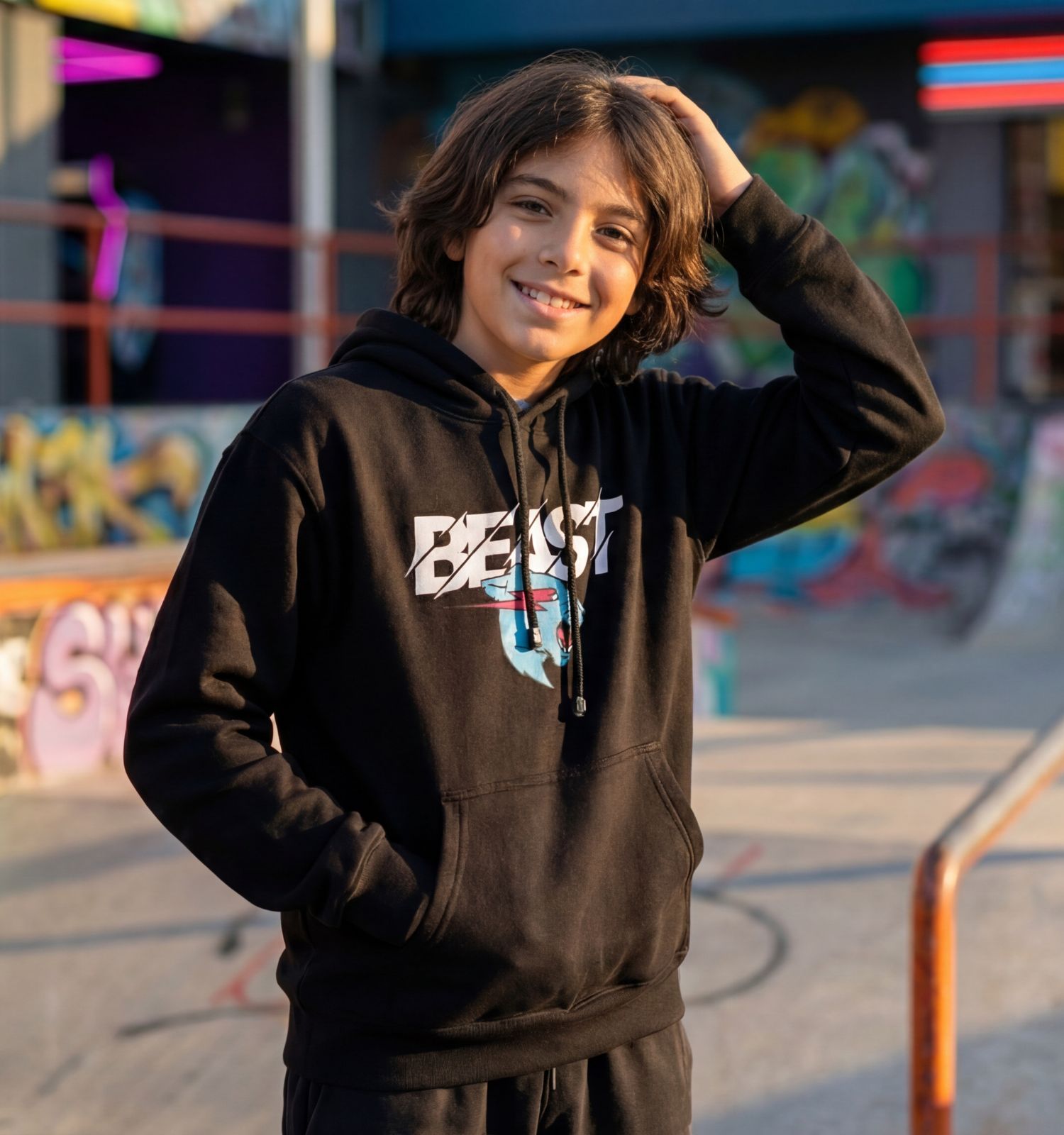 Buzo Hoodie Mr Beast Negro en skate park